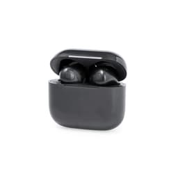 A pair of black earbuds in a matching charging case, slightly opened, with a small indicator light.