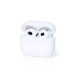 White earbuds contained in a white charging case, with a simple logo on the front.