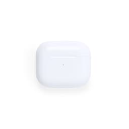 A pair of white earbuds in a charging case with a small indicator light. The case has a smooth, rounded design.