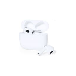 White wireless earbuds in a charging case, with one earbud partially out of the case. The case has a logo.