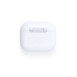 A white charging case for earbuds with a silver hinge and a button on the front.