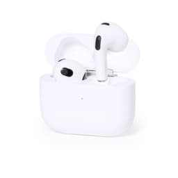 Wireless earbuds in a white charging case, featuring black accents. The case is slightly open, displaying the earbuds inside.