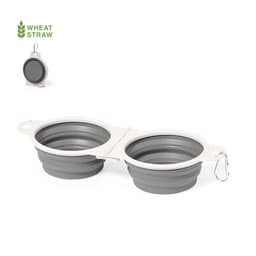 A foldable bowl in grey with a white base, featuring two compartments and a hook for easy storage.