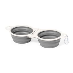 A foldable pet bowl with two grey compartments, featuring a connector and a clip for easy portability.