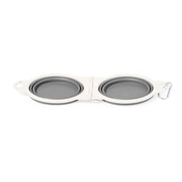 A foldable bowl in grey, featuring two compartments and a metal clip, suitable for pet accessories.