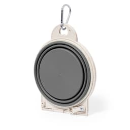 A foldable pet bowl in grey, with a beige holder and a carabiner for easy attachment. Features a logo on the design.