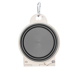 A foldable bowl in grey, featuring a built-in carabiner for convenient attachment. It has a simple design and logo.