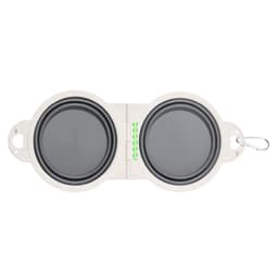 A foldable pet bowl in grey, featuring a logo, designed for convenience and portability.