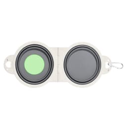 A foldable pet bowl in grey and green, featuring a portable design with a clip and a logo.