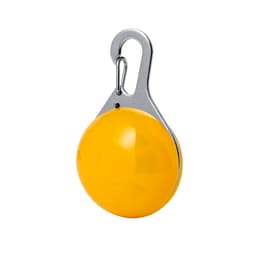 A yellow security light with a chrome clip, designed for pet accessories. It features a round, compact shape.