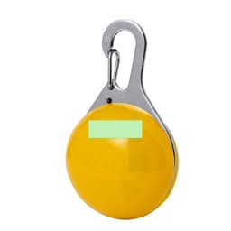 A yellow security light with a metal hook for attachment, featuring a branding logo on the front.