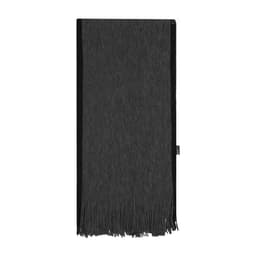 A black scarf with fringe detailing and a logo. It features a textured fabric throughout.