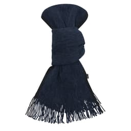 A dark navy scarf with fringed ends and a textured design. It features a logo on the label.