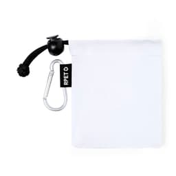 A white pouch with a drawstring and a carabiner clip, featuring a logo. Made from RPET material.