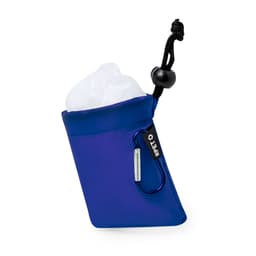 A blue poncho with a carabiner and drawstring, featuring a pocket for storage. It includes a logo.