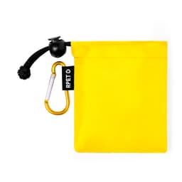 A yellow pouch with a drawstring closure and a carabiner, featuring a logo.