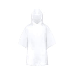 A white poncho with a hood, featuring a simple design and a logo on it.