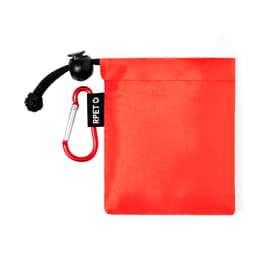 A red pouch featuring a drawstring closure and a carabiner, with a logo on the side.