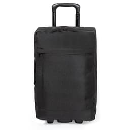 A wheeled bag in black with a retractable handle and front pocket, featuring a logo.