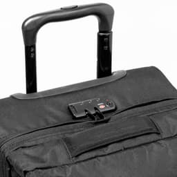 A black wheeled bag featuring a retractable handle and securing mechanism. It has a logo on the side.