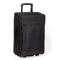 A black wheeled bag with a retractable handle and a front pocket, featuring a logo.