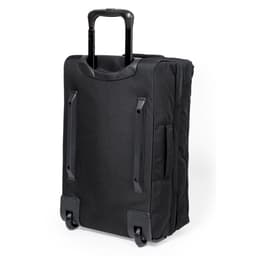 A black wheeled bag with a retractable handle and side pockets, featuring a simple design and durable material.