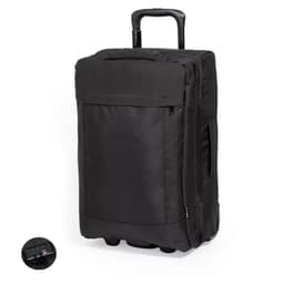 A wheeled bag in black, featuring a retractable handle and additional side pockets. It has a logo on the front.