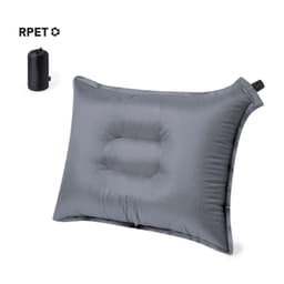 A grey inflatable pillow with a contoured centre, accompanied by a small black storage pouch.
