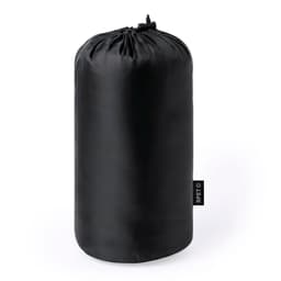 A black cylindrical pillow encased in a smooth material, featuring a drawstring closure and a branding tag.