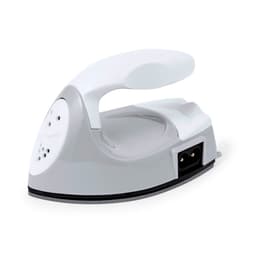 A compact grey steam iron with a white handle and a small power port. The design features a smooth surface for easy handling.