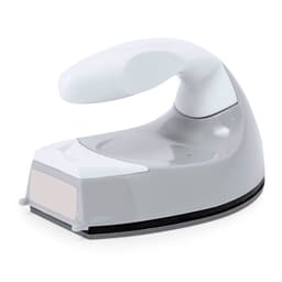 A grey and white handheld iron with a smooth design and a large handle, featuring a branding logo.