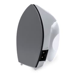 A grey and white iron with a sleek design and a visible power socket at the base.