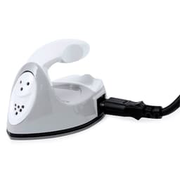 A compact grey iron with a white handle and a black cord, featuring a logo on the side.