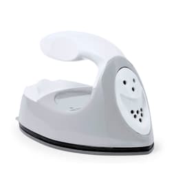 A compact grey and white iron with a smiling face design on the front and a handle for easy grip.