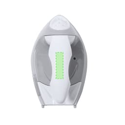 A steam iron in white and grey, featuring a sleek design and an embedded logo.