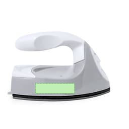 A compact grey and white steam iron featuring a handle, a base, and a logo.
