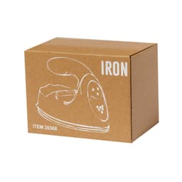 A brown cardboard box featuring a simple illustration of an iron. The box has a logo and product details.