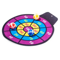 A dartboard game mat in purple and blue with colourful balls: red, yellow, and blue. The mat features numbered sections.