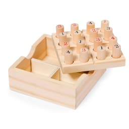 A wooden puzzle featuring numbered pegs in a rectangular tray, with a light wood finish. It includes an outer box.