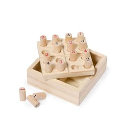 A wooden puzzle game featuring numbered pegs arranged in a grid, housed in a light timber box.