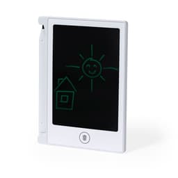 A stylus tablet in white, featuring a black screen with a green drawing of a sun and house. It has a logo on the front.