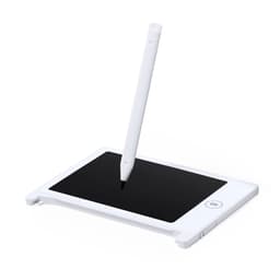 A white drawing tablet with a stylus positioned above its black surface, featuring a round button on one side.