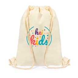 A drawstring bag in cream colour with a bright logo featuring the words "hei kids" surrounded by colourful dots.