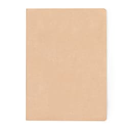 A plain, light brown notebook with a smooth cover and rounded corners. The notebook is unmarked and features no text or logos.