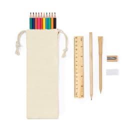 A fabric pouch containing eight coloured pencils, a ruler, a wooden pencil, a sharpener, and an eraser.