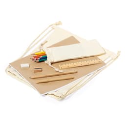 A drawstring bag containing coloured pencils, a ruler, an eraser, and sketch paper. Includes a simple logo.