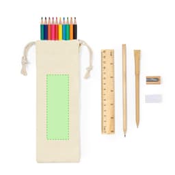 A canvas pouch containing eight coloured pencils, a wooden ruler, a pencil, a sharpener, and an eraser.