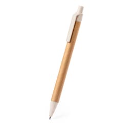 A wooden pen with a white clip and tip, featuring a natural brown shaft. It includes a logo on the clip.