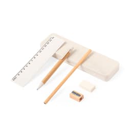 A promotional gift set featuring a wooden pencil, sharpener, eraser, and a ruler on a soft grey base.
