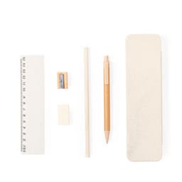 A writing set featuring a ruler, pencil, sharpener, eraser, and wooden pen, all in natural tones with a branded case.